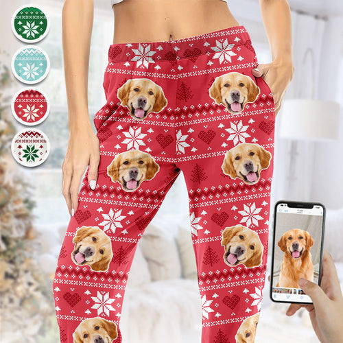 Accepeer Custom Photo Christmas Pajama Pants - Personalized Pet Face "Is Coming To Town" Design - Unique Holiday Gift for Pet Owners
